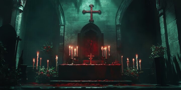 Bloodstained altar, candles, cross, dark church.