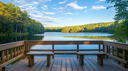 Obraz premium Two Wooden Benches on a Deck Overlooking a Serene Lake