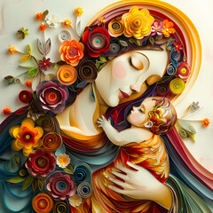 The Virgin Mary with the baby Jesus is a very colorful paper quilling