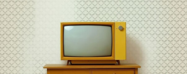 Vintage yellow television set on wooden table against patterned wall, capturing retro style and nostalgia in interior decor.