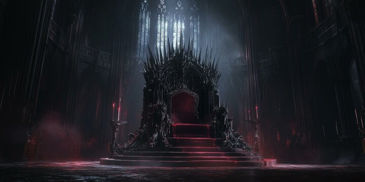 Dark throne room with a bloody throne.