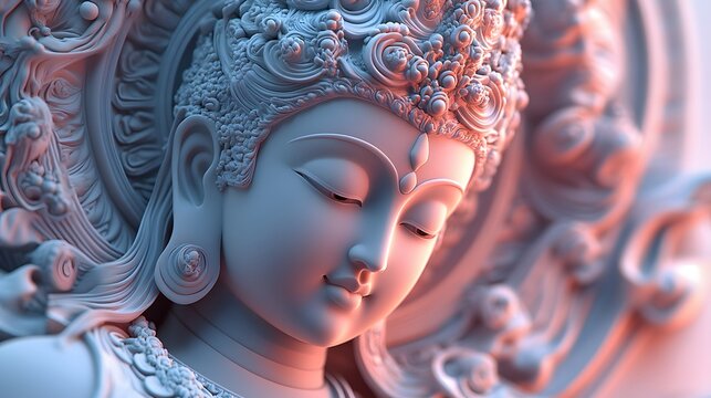 103. "The Buddhist Bodhisattva Avalokiteshvara in 3D, intricately crafted with detailed textures and vibrant colors, set against a clean white background.