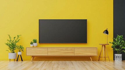 Modern living room setup with a yellow wall, wooden furniture, plants, and a mounted TV, creating a vibrant and inviting atmosphere.