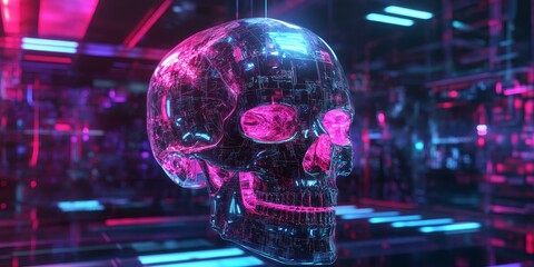 Obraz premium A glowing, transparent skull with circuitry.