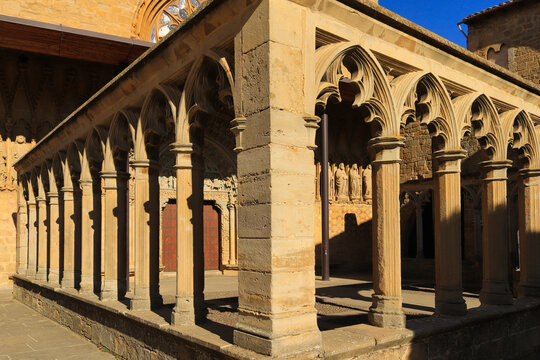 
Olite. Navarre. Spain. Portico of the Church of Santa Mar&iacute;a La Real. The church is easily recognizable by a large porticoed atrium that precedes its entrance.