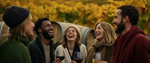 Friends laughing and drinking wine in vineyard