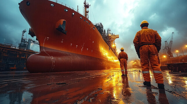 Shipbuilders work on the deck of a new industrial transport ship in the shipyard.