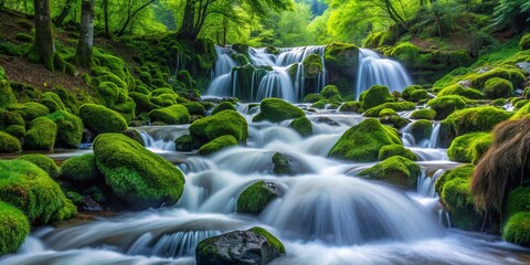 A cascading torrent plunges over moss-covered rocks, sending misty tendrils swirling through the ancient forest's