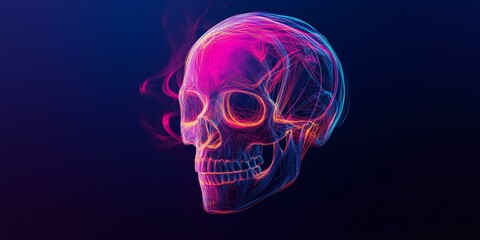 Neon skull outline on dark blue background.