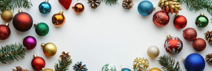 Flat lay of Christmas tree ornaments arranged in a circle with a blank space in the center