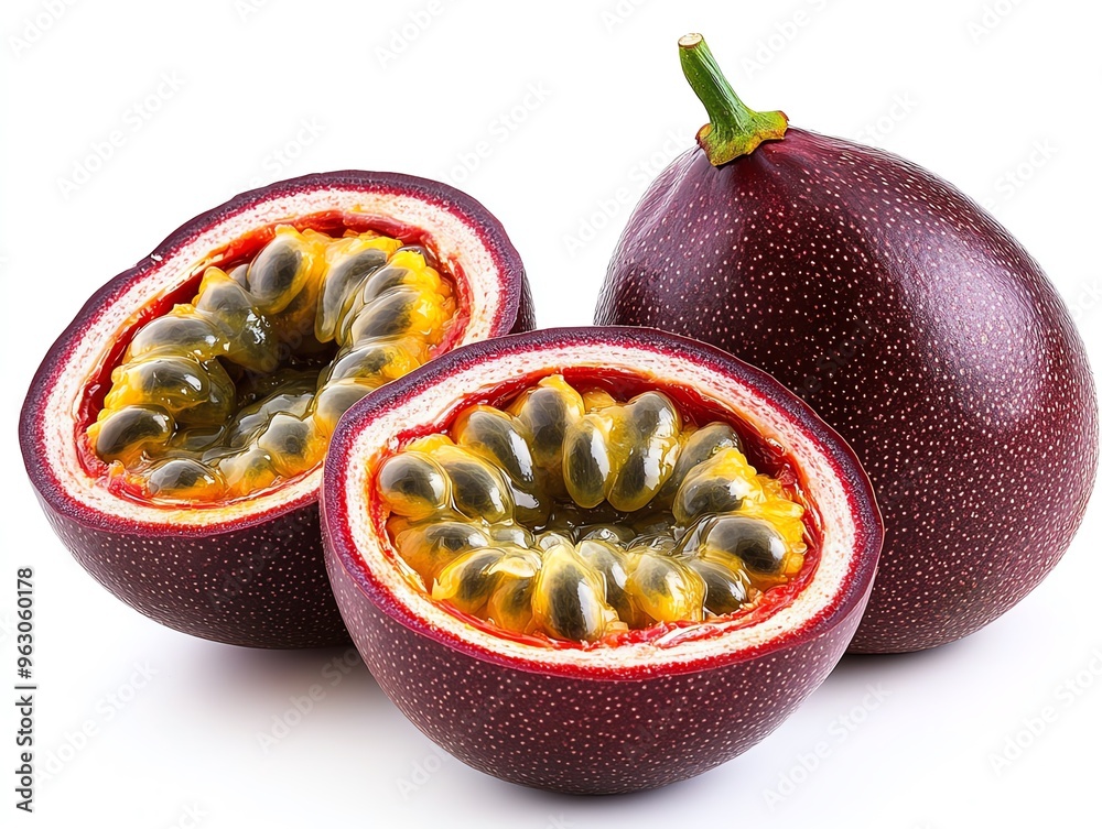 Wall mural a whole passion fruit and two halves on a white background. the fruit is ripe and juicy, with visibl