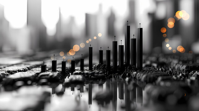 A black and white photo of an upward trending graph with a reflection in a puddle of water. The city skyline is out of focus in the background.
