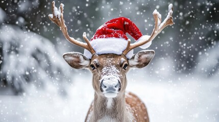 Festive reindeer with Santa hat in snowy