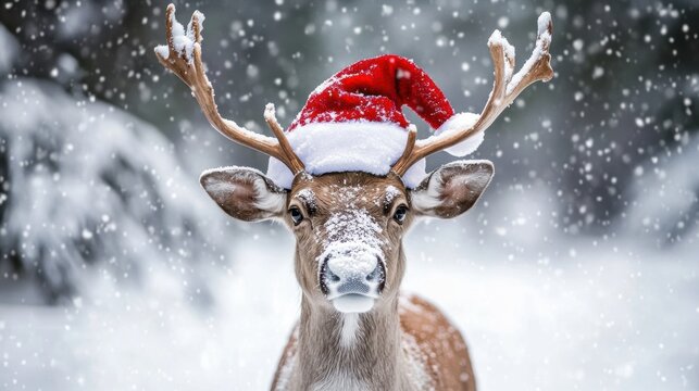 Festive reindeer with Santa hat in snowy