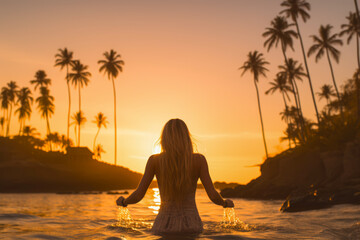 Fototapeta premium The young blonde woman bathes on the beach in the warm sea with palm trees at sunset