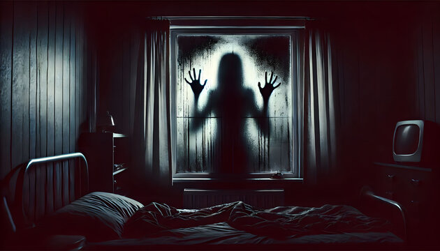 Shadowy Figure Pressing Against Frosted Window in a Dark, Dimly Lit Bedroom