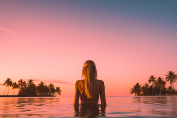 Fototapeta premium The young blonde woman bathes on the beach in the warm sea with palm trees at sunset