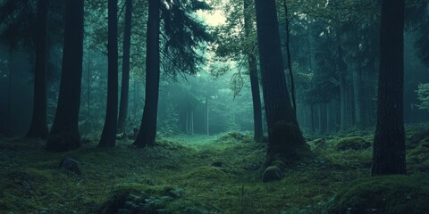 Obraz premium Dark, misty forest with tall trees.