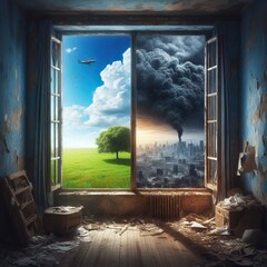 Tree nature forest, life before and after, window and different life, destruction , drawing animal, summer season, colourful, illustratio  grass colours, nature  background air holiday