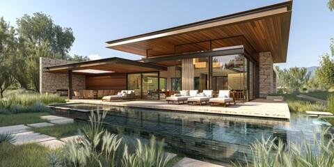 Fototapeta premium Modern architectural design of a serene home with pool surrounded by lush greenery