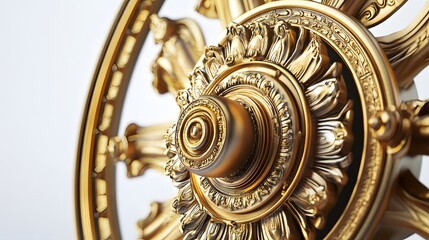 4. "The Buddhist Dharma Wheel in 3D, detailed with traditional symbols and textures, set against a pure white backdrop.