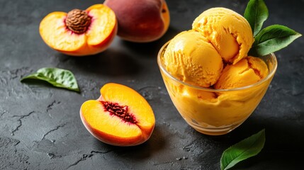 Refreshing peach ice cream in glass bowl with fresh fruit slices