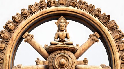 4. "The Buddhist Dharma Wheel in 3D, detailed with traditional symbols and textures, set against a pure white backdrop.