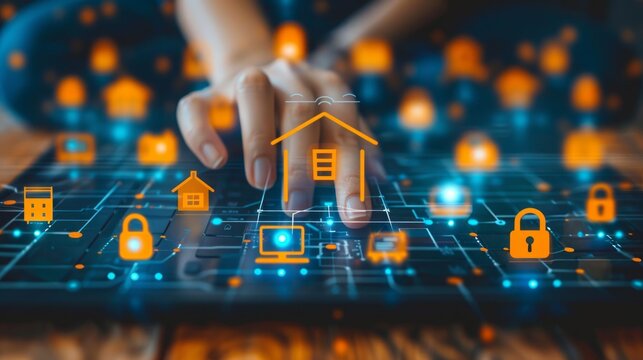 Internet of smart things. Connecting the Smart home system. A person connects household appliances in their home to a programmable control. Icons with household appliances are grouped around the house