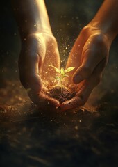 Hands Nurturing a Seedling with Sunlight