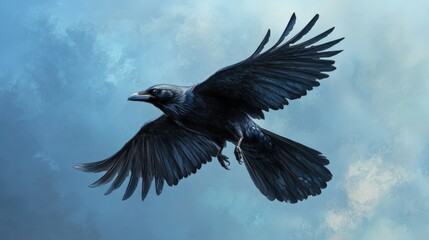 Obraz premium Common Raven: Young Bird Soars in Blue Sky, Spread Wings and Tail, Wild Flight