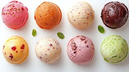 a whole view of multiple gelatos on isolated white background, view from above, editorial photography
