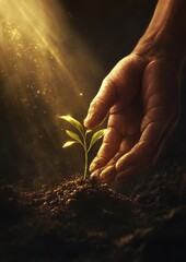Fototapeta premium Hands Nurturing a Seedling with Sunlight