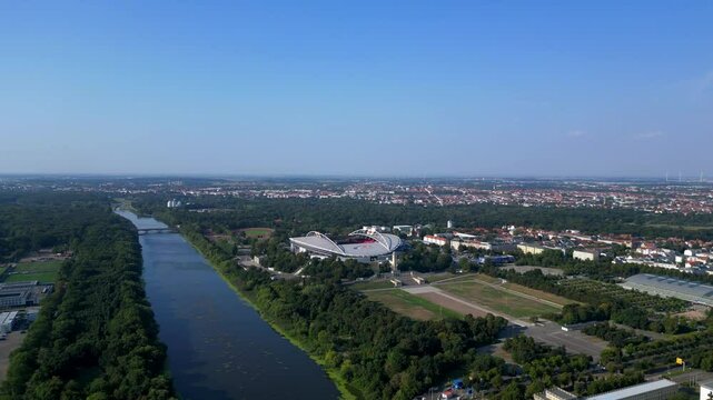 leipzig football stadium arena in summer day. Majestic aerial view flight drone