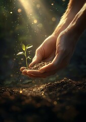 Hands Nurturing a Seedling with Sunlight