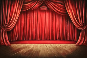 Fototapeta premium Concert Banner. Show Poster with Red Curtain on Theater Stage. Talent Day Festival Announcement Illustration
