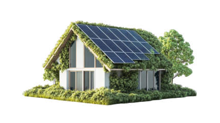 Green Roof House with Solar Panels and Lush Greenery