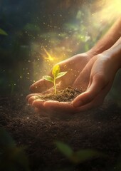 Fototapeta premium Hands Nurturing a Seedling with Sunlight