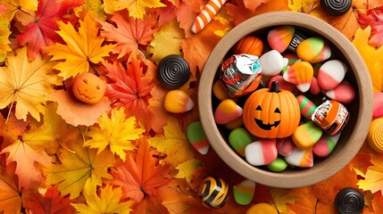 A festive bowl filled with Halloween candies and a pumpkin, surrounded by vibrant autumn leaves.