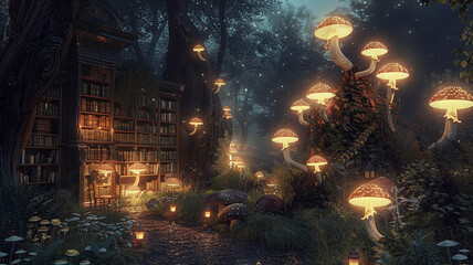 Obraz premium a library set in an enchanted forest with illuminated mushrooms lighting the way