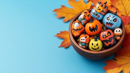 Colorful painted pumpkins and leaves create a festive autumn scene, perfect for Halloween decoration and celebration photography.
