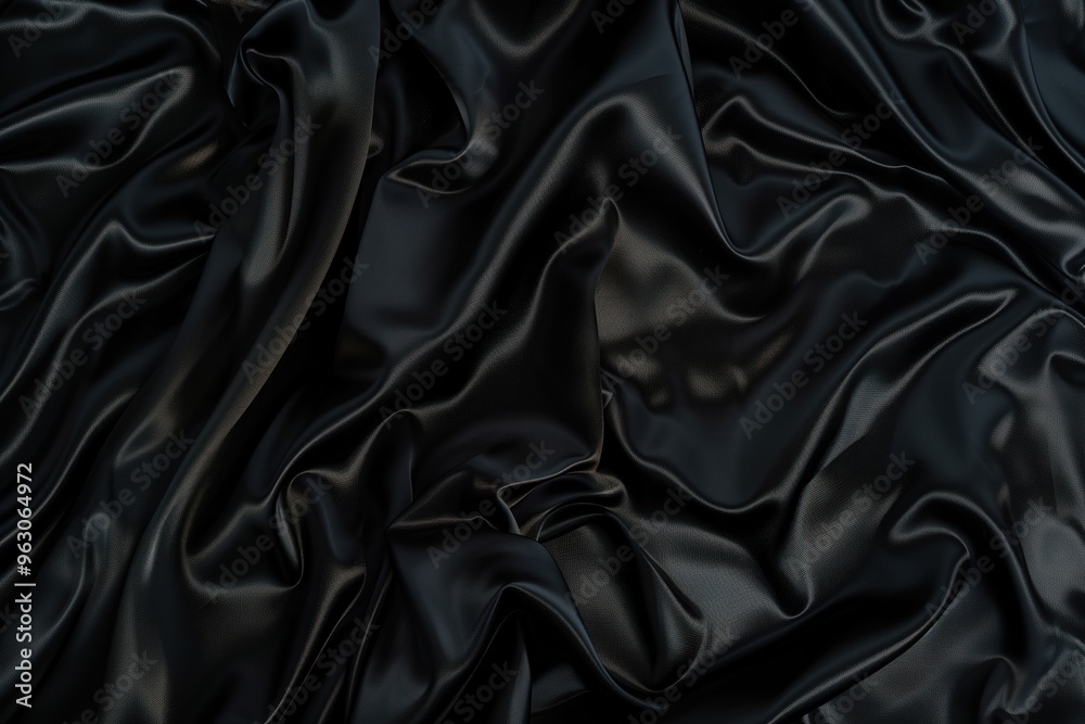 Poster Fabric close-up view shows black material with subtle sheen. Folded fabric reveals intricate texture and folds. Light gray background contrasts with dark fabric, creating depth and focus on subject.