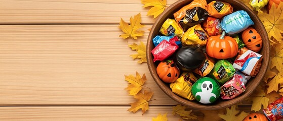 Fototapeta premium A festive bowl filled with colorful Halloween candies, surrounded by autumn leaves, perfect for seasonal celebrations.