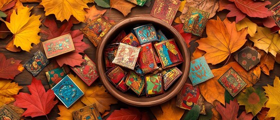 A vibrant collection of colorful matchboxes arranged in a bowl, surrounded by autumn leaves, capturing the essence of fall.