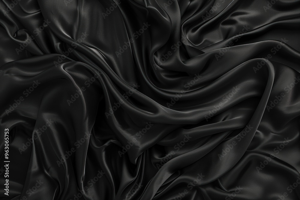 Poster Black fabric texture close-up. Slightly wrinkled smooth surface. Grid-like pattern in green and black shades. Synthetic material possibly polyester. Blurred background creates depth.