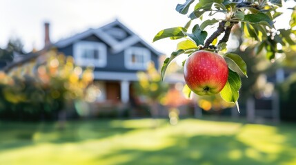 Ripe beautiful apple fruit on tree with house