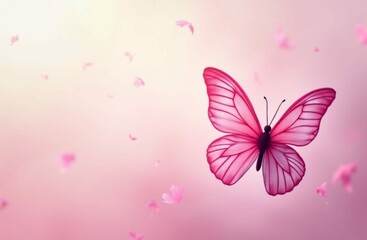 Pink butterfly on soft pastel background. Symbol of hope and resilience. Breast cancer awareness month concept. Supporting people living with illness or chronic pain. Design for poster, copy space.
