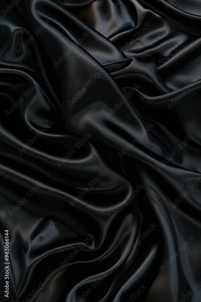 Poster Black fabric texture close-up view. Smooth surface with slightly curled pattern. No objects or text in frame. Predominantly black color with subtle gray and white hints.