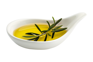 Small dish of olive oil with rosemary isolated on white transparent background. Food ingredient and cooking concept