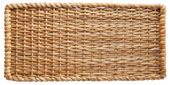Rectangular woven rattan tray with a braided edge, showcasing traditional craftsmanship. Ideal for serving, home decor, or as a decorative element. Isolated on transparent background, png.