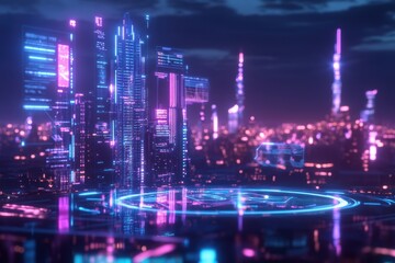 Fototapeta premium A transparent holographic interface projected in front of a futuristic cityscape, featuring interactive data floating in the air.